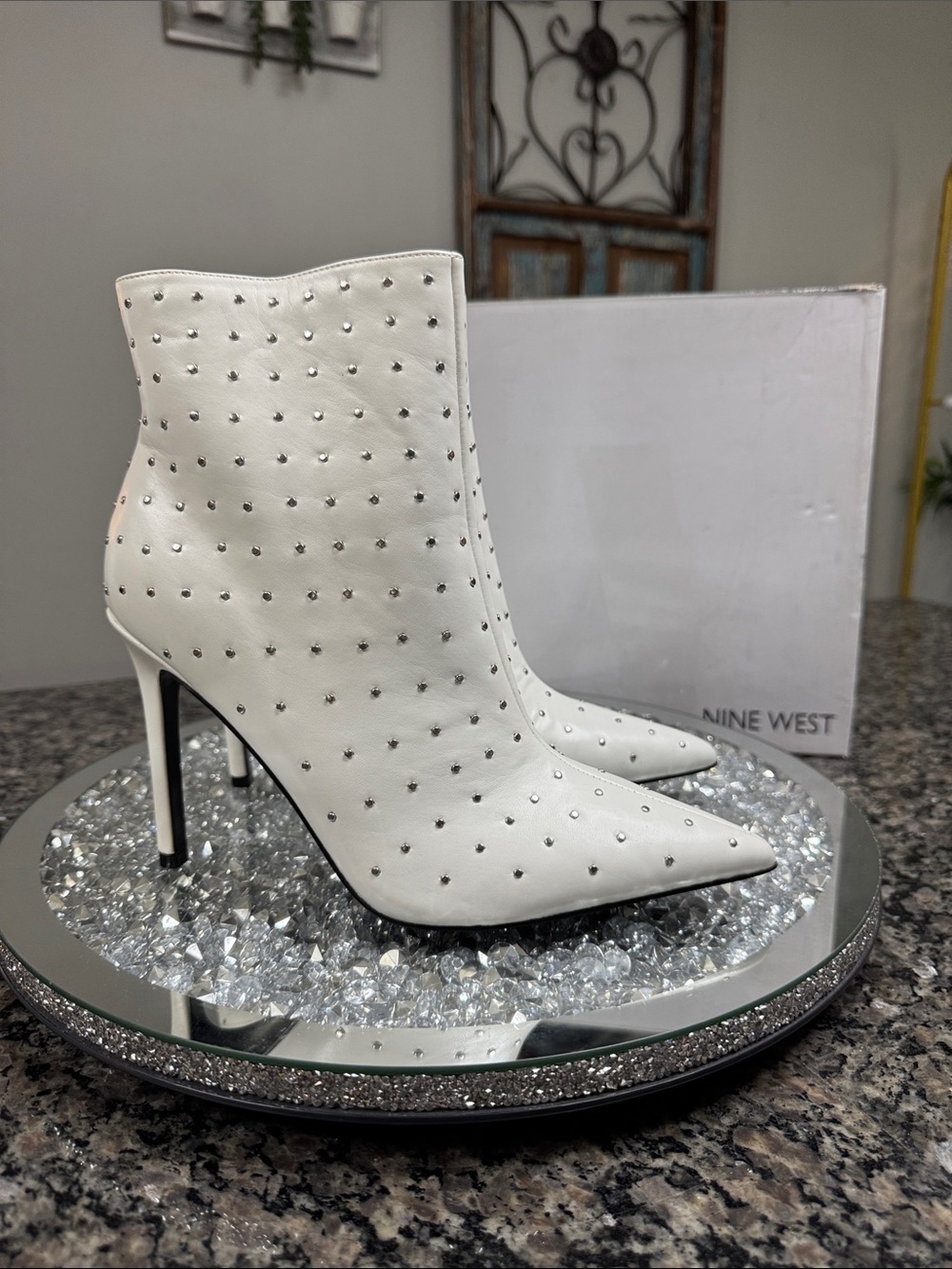 Nine West White Studded Embellished Pointed Ankle Boots new 9